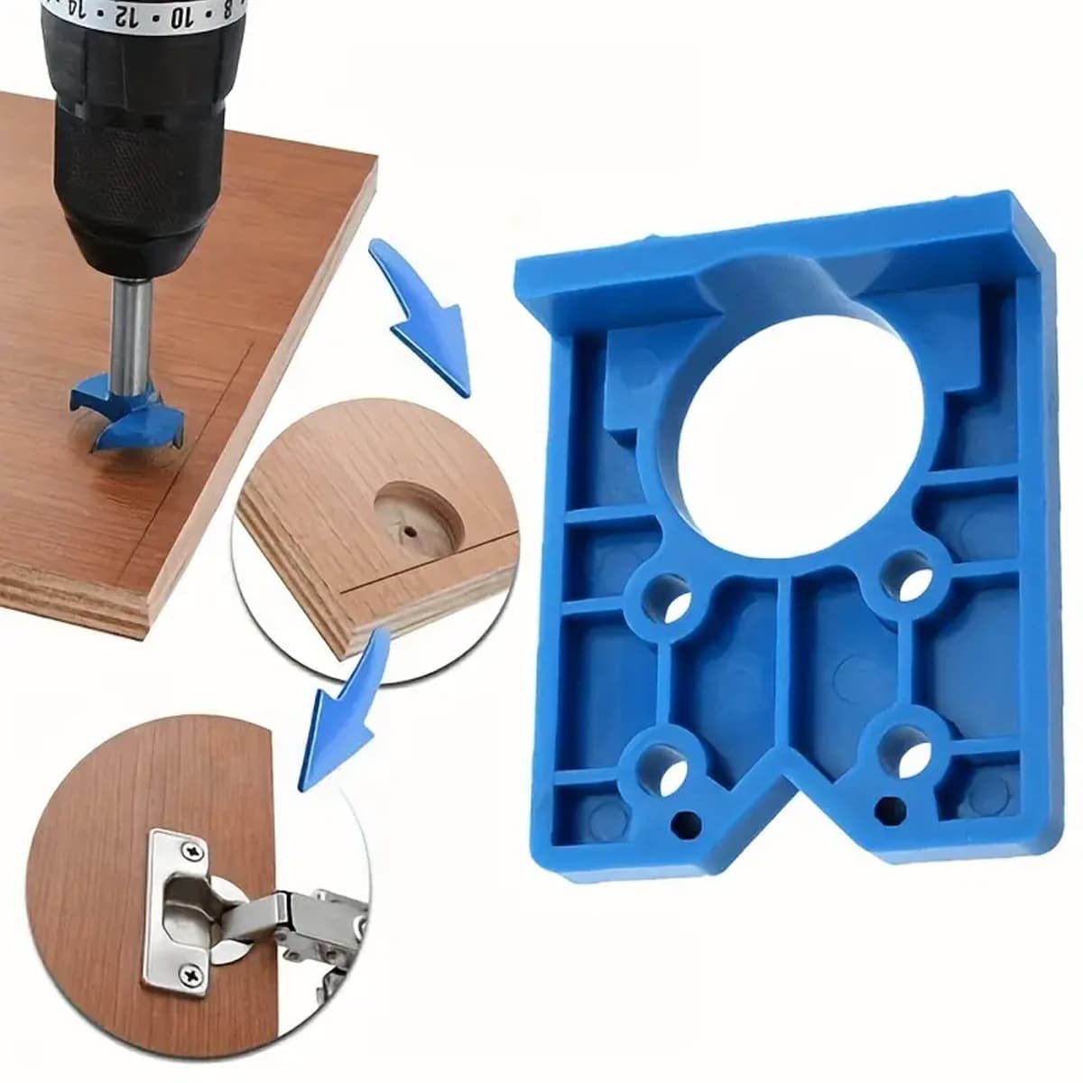 1 piÃ¨ce Ensemble de guide de perÃ§age de gabarit de charniÃ¨re bleue pour ouvre-porte de menuiserie DIY, scie Ã routeur de charniÃ¨re cachÃ©e,