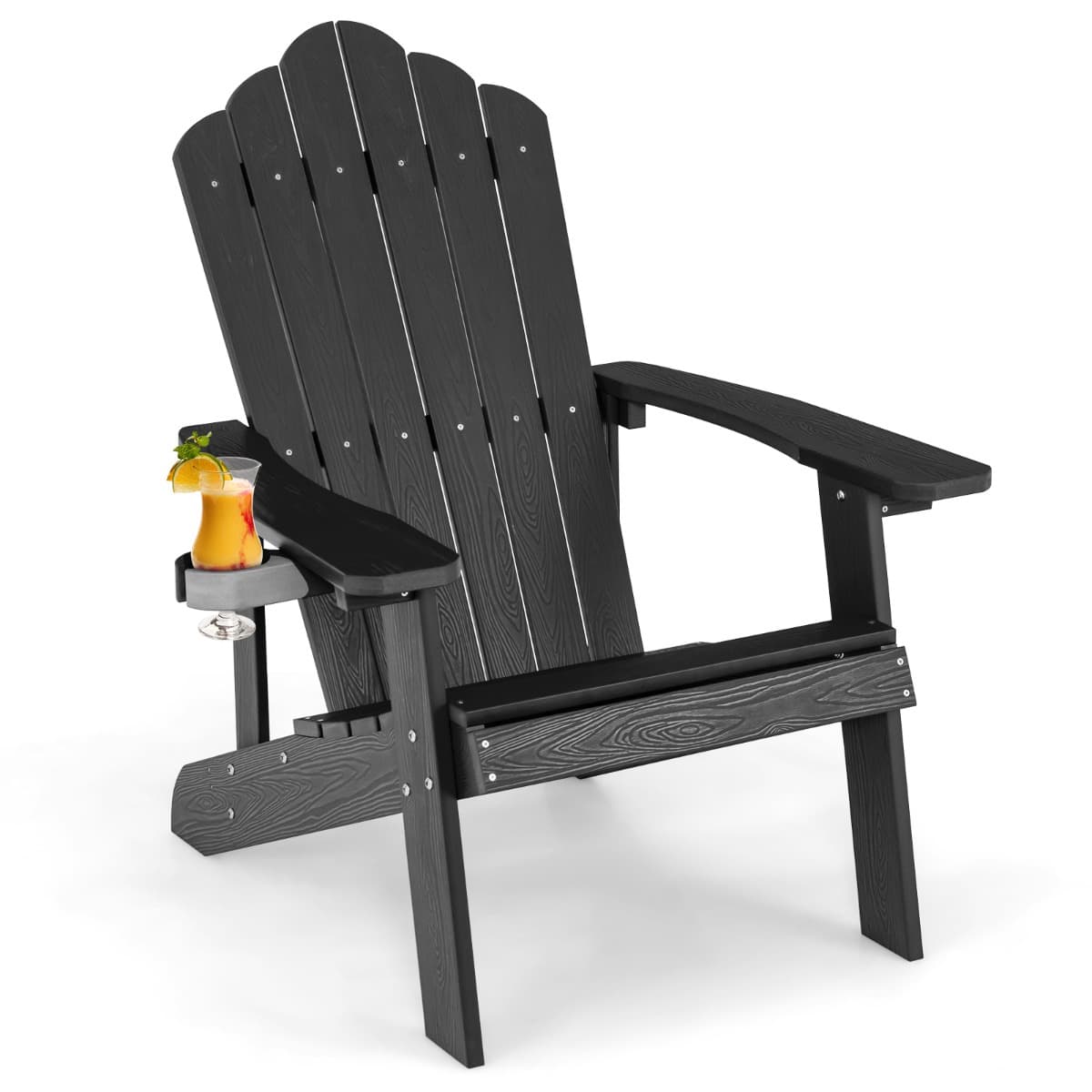 CostwayFauteuil de Jardin Adirondack en HIPS Bois Massif Imperméable avec Porte-Gobelet Charge 170KG pour Piscine Terrasse Noir